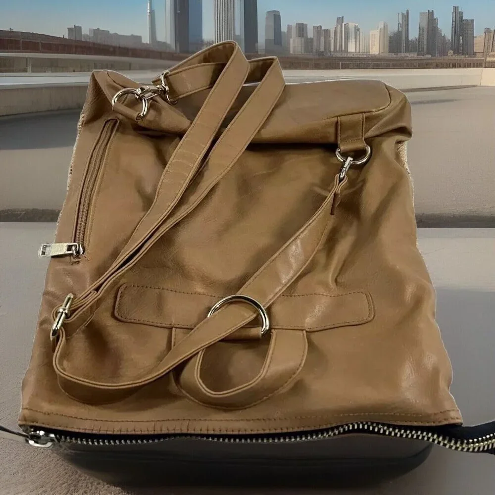 POVERTY FLATS FAUX LEATHER Boho BACKPACK Bag Purse‎ Brown/Yellow Geo Design